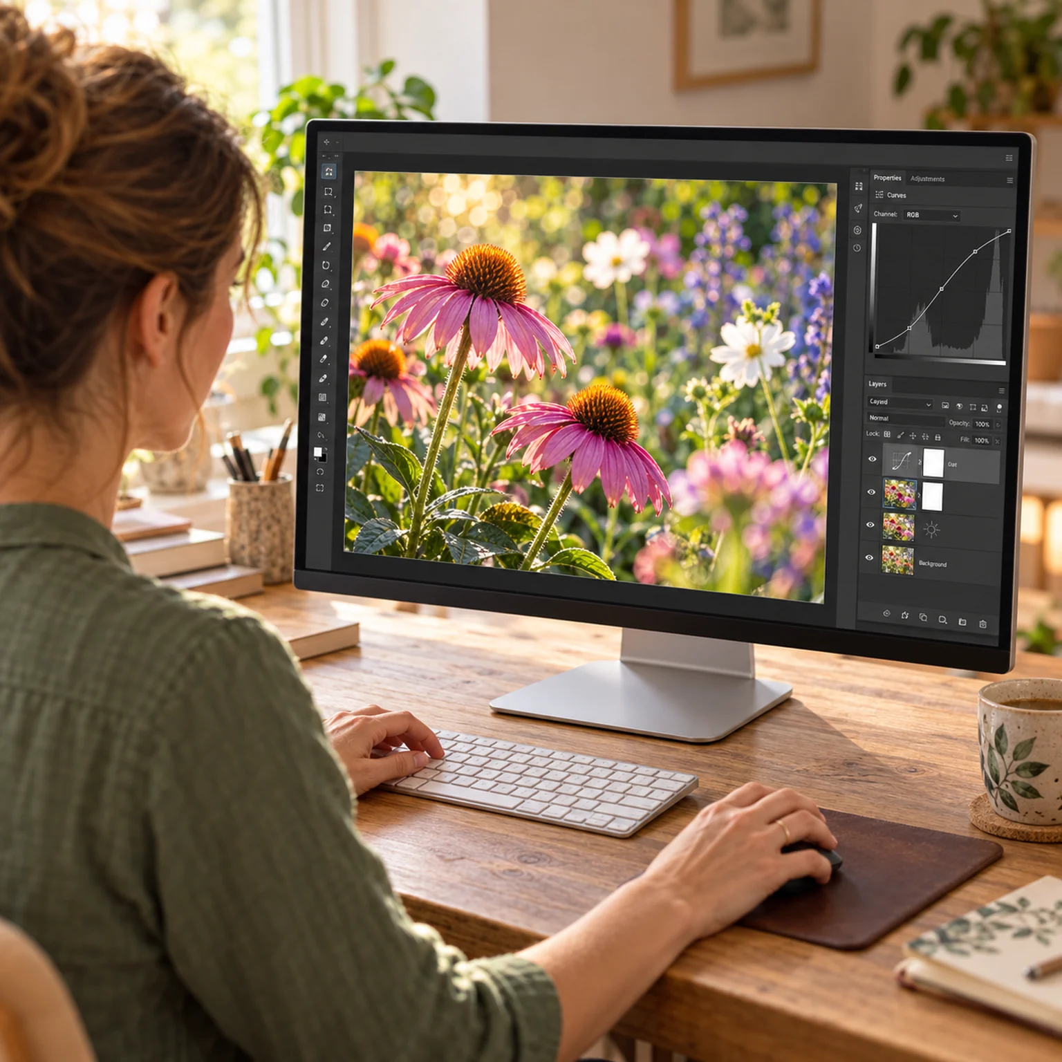 Thuis een eigen bloemenfoto bewerken op een computer, met gereedschappen en lagen naast het beeld